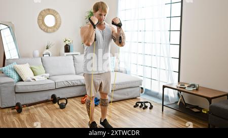 Ein fitter junger Mann mit Tätowierungsübungen mit Widerstandsbändern in einem gut beleuchteten, modernen Wohnzimmer. Stockfoto