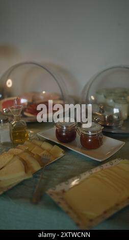 Das Frühstücksbuffet umfasst verschiedene Käsesorten, Marmeladen, Aufschnitt, Olivenöl und Gewürze, die unter einer Schutzabdeckung auf einem Tisch drinnen stehen Stockfoto