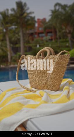 Eine gewebte Strohtasche sitzt auf einem gelb gestreiften Handtuch neben einem ruhigen Resortpool, was Freizeit und tropische Atmosphäre weckt. Stockfoto