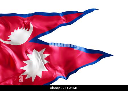 Realistische Flagge von Nepal mit Falten, isoliert auf weißem Hintergrund. Fußzeile, Eckelement. Ausschnitt. Perfekt für patriotische oder nationale Themen Stockfoto