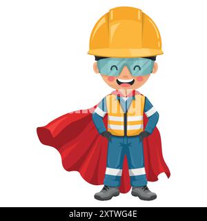 Industrieingenieur-Held mit seinem Superhelden-cape. Supervisor Ingenieur mit seinem Overall und persönlicher Schutzausrüstung. Sicherheit steht an erster Stelle. Industrie Stock Vektor