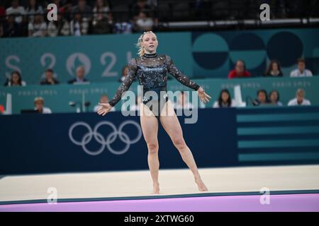PARIS, FRANKREICH-28. Juli 2024: Jade Carey aus den USA während der Qualifikation der Frauen im Kunstturnen bei den Olympischen Spielen Paris 2024 in der Bercy Arena Stockfoto