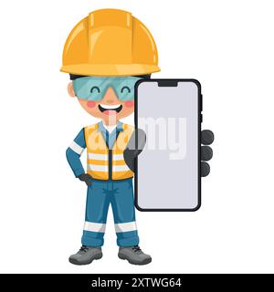 Industrieingenieur in reflektierender Sicherheitsweste, Overall und Helm mit Mobiltelefon. Konzept der Kommunikation, Benachrichtigung und Kontaktaufnahme. Indu Stock Vektor