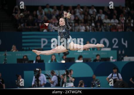 PARIS, FRANKREICH-28. Juli 2024: Jade Carey aus den USA während der Qualifikation der Frauen im Kunstturnen bei den Olympischen Spielen Paris 2024 in der Bercy Arena Stockfoto