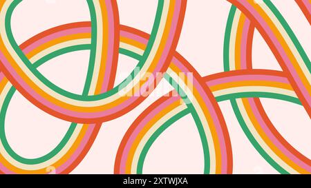 Abstraktes Retro-Muster mit Streifen und Schlaufen in Regenbogenfarben. Farbenfroher, grooviger Zeichentrickhintergrund Stock Vektor