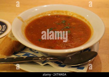 Deutsche Küche: Gulasch (ein Eintopf aus Ungarn) in Frankfurt, Deutschland Stockfoto