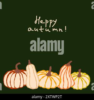 Herbstgrußkarte mit einer Vielzahl dekorativer Kürbisse auf dunklem Hintergrund zur Feier der Herbstsaison Stock Vektor
