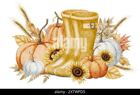 Aquarell Herbstillustration mit Kürbissen. Sonnenblumen und gelbe Gummistiefel. Zeichnen mit herbstorangen Blättern und Weizen für Erntefest-Grußkarten oder Einladungen. Rustikale Malerei. Stockfoto