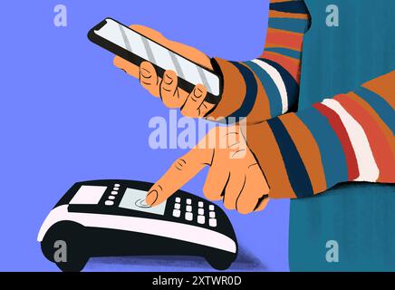 Eine Person verwendet ihr Smartphone, um eine kontaktlose Zahlung über ein Kartenterminal zu tätigen. Stockfoto