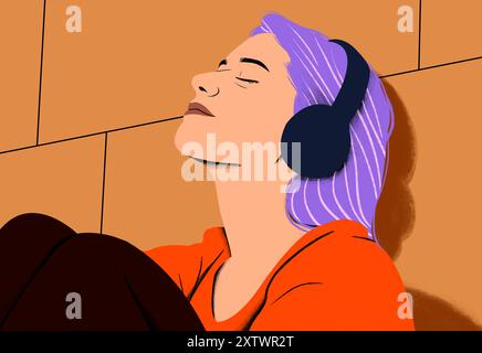 Frau mit violettem Haar, die Musik auf schwarzen Kopfhörern genießt, mit geschlossenen Augen vor orangem Hintergrund. Stockfoto