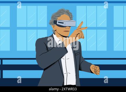 Animierte Geschäftsfrau mit einer Virtual-Reality-Brille, die in einem Büro mit einer digitalen Schnittstelle interagiert. Stockfoto