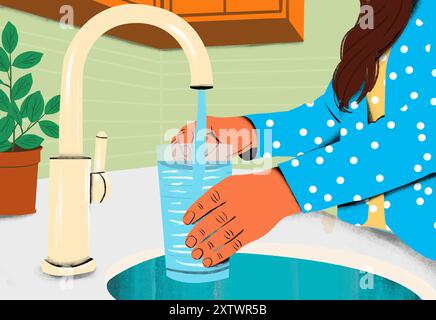 Eine Person füllt ein Glas mit Wasser aus einem Küchenarmatur, mit einer Topfpflanze auf der Fensterbank im Hintergrund. Stockfoto