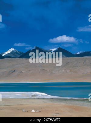 Unberührter Alpensee mit umliegenden Bergen und klarem blauen Himmel, Pangong, Lake Ladakh, Indien Stockfoto