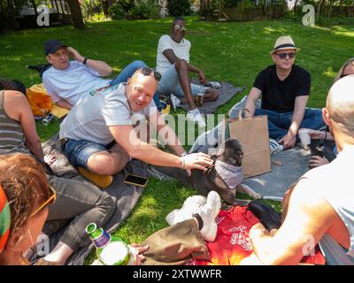 Eine Gruppe von Freunden, die ein Picknick im Park mit einem Hund genießen. Stockfoto