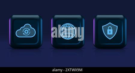 Cloud-Technologiekonzept. Symbole für digitale Cloud, Globus und Schutzschilde. Digitale Sicherheit und Netzwerkdienst der Datenspeichertechnologie Stock Vektor