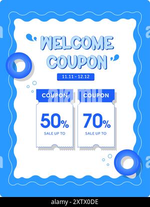 Begrüßungsgutschein mit Rabatt und Gutscheincode, isoliert, in einem niedlichen Konzept. Banner für Sonderrabatte. 2D-Coupon-Banner. Vektorabbildung. Vektorabbildung Stock Vektor