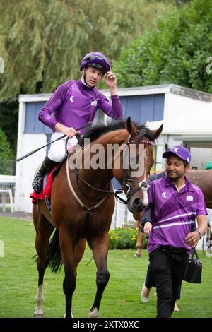 Windsor, Großbritannien. August 2024. Charles Bishop gewinnt die Tote Placepot Leg 2 Racing League 23 Handicap Stakes (Klasse 4) (für Pferde in der Pflege von Trainern, die in der Racing League registriert sind) für London und den Süden beim Racing League Meeting auf dem Royal Windsor Racecourse, Windsor, Berkshire. Besitzer Herr G Owen, Trainer Eve Johnson Houghton, Blewbury, Züchter Phoenix Thoroughbred Limited. Quelle: Maureen McLean/Alamy Live News Stockfoto