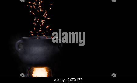 Halloween 3D-Animation, die Süßigkeiten in einen Topf auf Feuer gießt, Platz für Text, schwarzer Hintergrund. Stockfoto