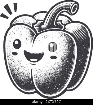 Grunge-Style Bell Pepper lächelnder Gemüsecharakter mit Textur, rauer handgezeichnet mit genarbtem Print-Effekt. Stock Vektor