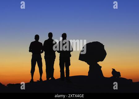 Ägypten, Weiße Wüste, bizarre Sandsteinklippen, Fotografen vor Sonnenuntergang, Naher Osten, Afrika Stockfoto