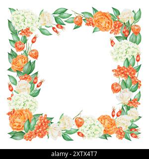 Orange und weiße Rosen, Hortensie, vogelbeeren und Hüftrosen. Handgezeichneter Aquarellrahmen mit Herbstbeeren, Blumen und Pflanzen Stockfoto