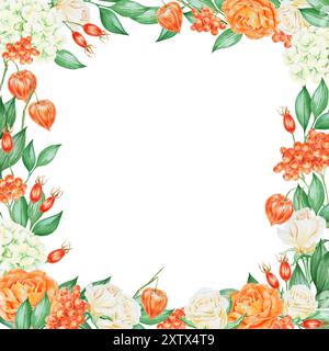 Orange und weiße Rosen, Hortensie, vogelbeeren und Hüftrosen. Handgezeichneter Aquarellrahmen mit Herbstbeeren, Blumen und Pflanzen Stockfoto