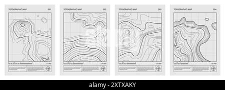 Retro-futuristische topografische Karte, Reliefkontur-Poster-Set. Minimalistische abstrakte Linie repräsentiert Landhöhe. Kartografie Geländemuster Stock Vektor