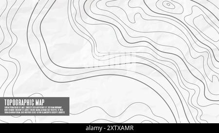 Abstrakte topographische Kontur auf weißem, zerknittertem Papierhintergrund. Geografische Kartenabbildung für Kartographie, Wellenmuster. Schwarz-weiß-Vektorgrafik Stock Vektor