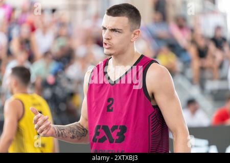 Lausanne, Schweiz. August 2024. Mathéo Cauwet aus Marseille (FRANKREICH) während der Veranstaltung FIBA 3x3 World Tour Lausanne 2024. Quelle: Patrick Dancel/Alamy Live News Stockfoto