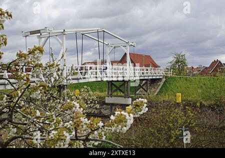 Europa, Deutschland, Metropolregion Hamburg, altes Land bei Hamburg, Hogendiek-Brücke über die Luehe während der Kirschblüte, Hamburg, Hamb Stockfoto