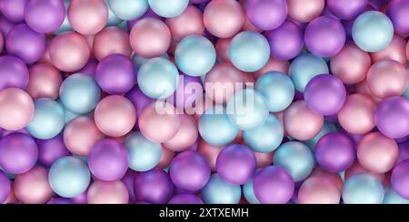 Rosa, lila und blauer Pastellhintergrund mit vielen Perlen- oder Metallkugeln. 3D-Rendering-Abbildung Stockfoto