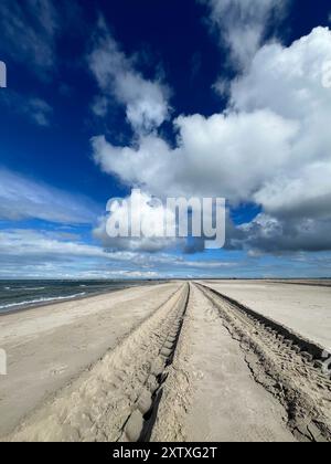 Sandormen-Traktorspuren auf dem Sand am Strand von cape Grenen in Skagen, Dänemark. Stockfoto