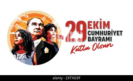 Ankara, Türkei - 1923, 'Pop Art Vector Illustration der türkischen Nationalfeierlichkeiten', '29 Ekim Cumhuriyet Bayramı Kutlu Olsun (Übersetzung: Ha Stock Vektor