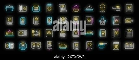 Symbole für Kochbücher eingestellt. Kontursatz von Kochbuch-Vektorsymbolen für Webdesign isoliert auf schwarzem Hintergrund Stock Vektor