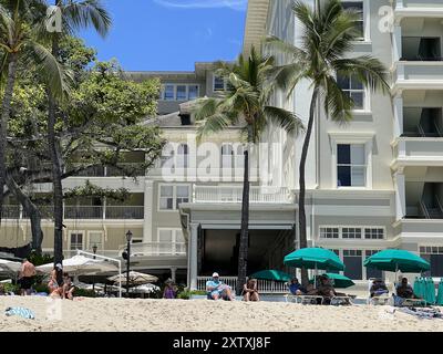 Usa. Juli 2024. Strandblick auf Moana Surfrider Hotel, Insel Oahu, Honolulu, Hawaii, 24. Juli 2024. (Foto: Smith Collection/Gado/SIPA USA) Credit: SIPA USA/Alamy Live News Stockfoto