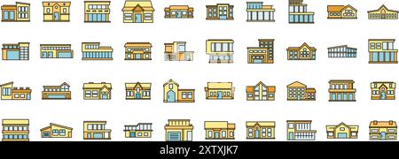 Diese Reihe von Gebäudesymbolen zeigt verschiedene Architekturstile und -Zwecke an, perfekt für Ihr Designprojekt Stock Vektor