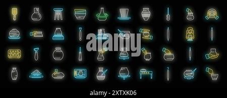 Sammlung von bunten Neonsymbolen, die verschiedene Aspekte der Keramikherstellung darstellen, von der Formung von Ton bis hin zum Feuern von Öfen Stock Vektor