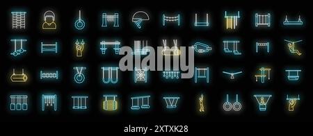 Neonsymbole, die verschiedene Aktivitäten und Ausrüstungen im Seilpark darstellen und die Spannung und Herausforderungen dieses Outdoor-Abenteuers hervorheben Stock Vektor