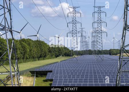 Hochspannungs-Stromleitung, der darunter liegende Raum wird für einen über 5 km langen Solarpark genutzt, dahinter ein Windpark, im Hafengebiet von Vlissingen- Stockfoto