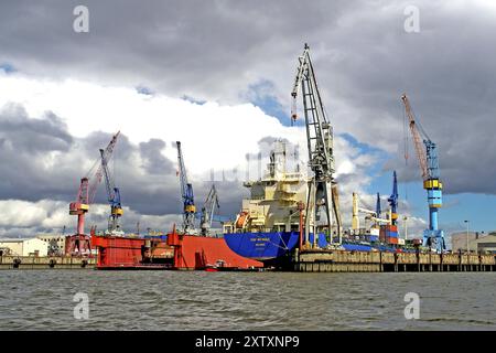 Hamburger Hafen, Schiff im Trockendock Blohm & Voss, Hamburger Hafen, Hamburg, Bundesrepublik Deutschland Stockfoto