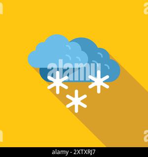 Blaue Wolken fallen Schneeflocken Winter Saison flache Design-Ikone mit langem Schatten auf gelbem Hintergrund Stock Vektor