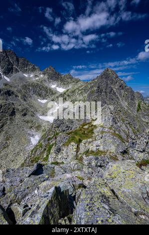 Panorama der Tatra vom Berg Vychodna Vysoka (Mala Wysoka). Stockfoto