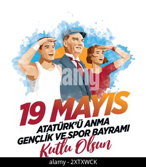 19 Mayis Atatürk'u Anma, Genclik ve Spor Bayrami Grußkarte Design. 19. Mai: Gedenktag für Atatürk, Jugend- und Sporttag. Vektorabbildung. T Stock Vektor