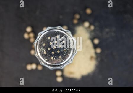 Teil White Pepper als detaillierte Nahaufnahme auf einer Schieferplatte, selektiver Fokus Stockfoto