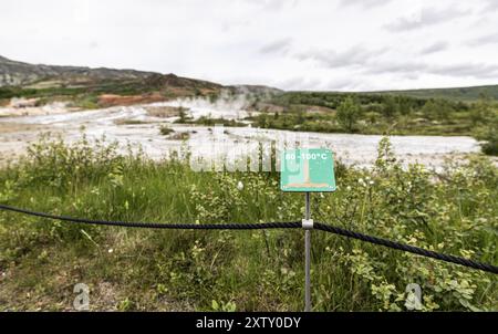 Hochtemperatur-Warnschild in Haukadalur geothermisch, Island, Europa Stockfoto