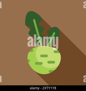 Grüner Kohlrabi mit Blättern, die einen langen Schatten auf braunem Hintergrund werfen Stock Vektor