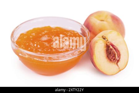 Teil der Pfirsich Marmelade auf einem rustikalen Schiefer Tafel, selektiver Fokus, Nahaufnahme Stockfoto