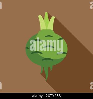 Grünes Kohlrabi-Gemüse, das einen langen Schatten auf braunem Hintergrund wirft Stock Vektor