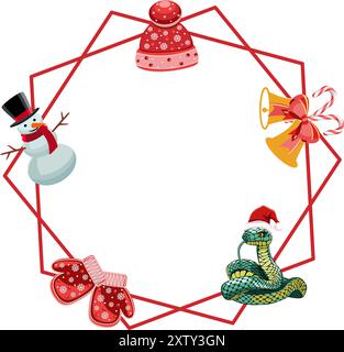 Feiertagsrahmen mit Schlange, Schneemann, Fäustlingen und Glocken, Vektorillustration Stock Vektor