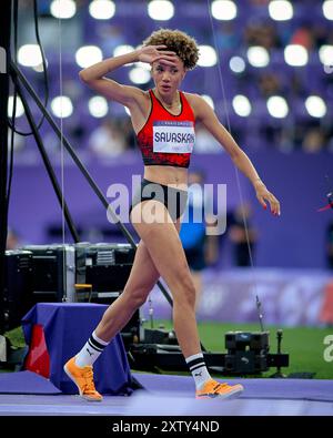 PARIS, FRANKREICH - 4. AUGUST 2024: SAVASKAN Buse, Hochspringfinale der Frauen, Olympische Spiele 2024 Stockfoto